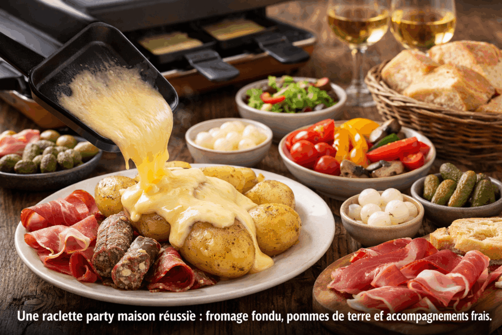 Raclette party maison avec fromage fondu, pommes de terre, charcuterie et légumes, repas convivial pour 4 personnes