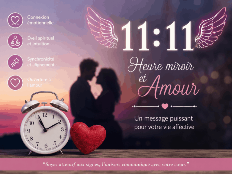 Heure miroir 11h11 amour signification spirituelle avec couple silhouette coucher de soleil, symbole synchronicité et flamme jumelle, horloge romantique et énergie d’amour universel